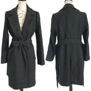 Zara Womens black wool blend belted long wrap over coat size M Minimalist preppy